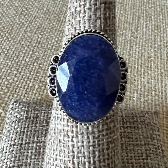New Faceted Oval Blue Enhanced Sapphire Stone Silver Overlay Ring Size 7 - Picture 10 of 10
